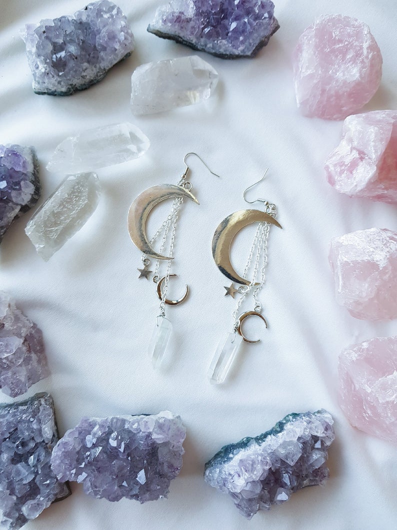 'Crescent Moon Quartz Aura' Earrings